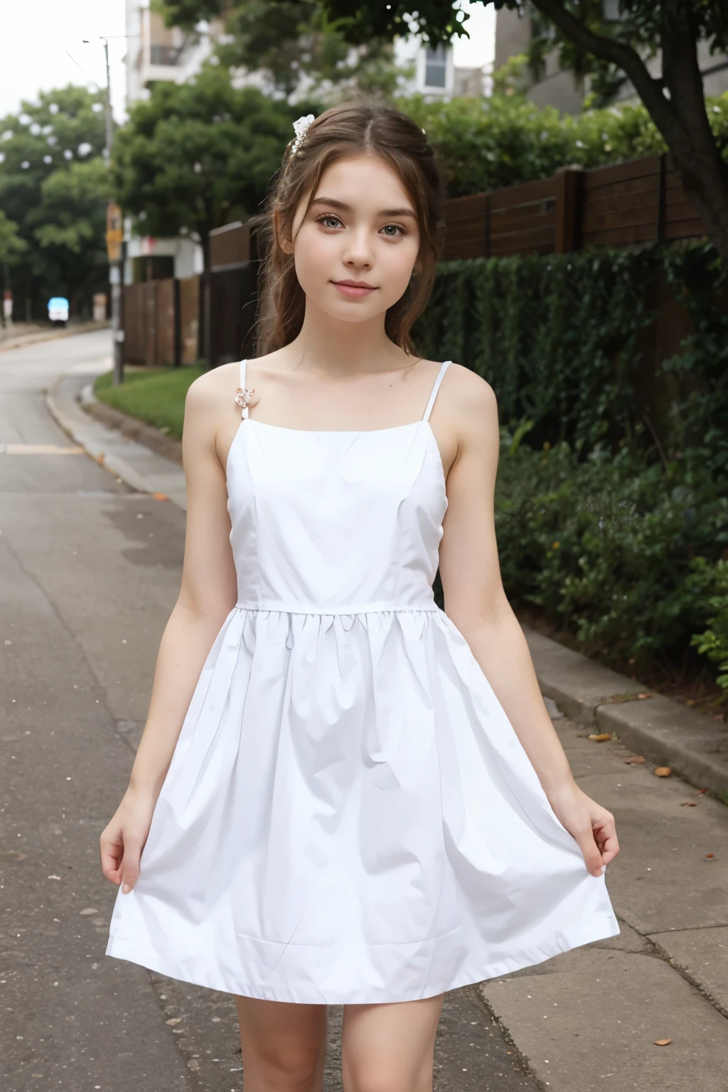 Loli,flat chest, standing, full body,short hair, short dress,summer dress, white dress, nighty gown