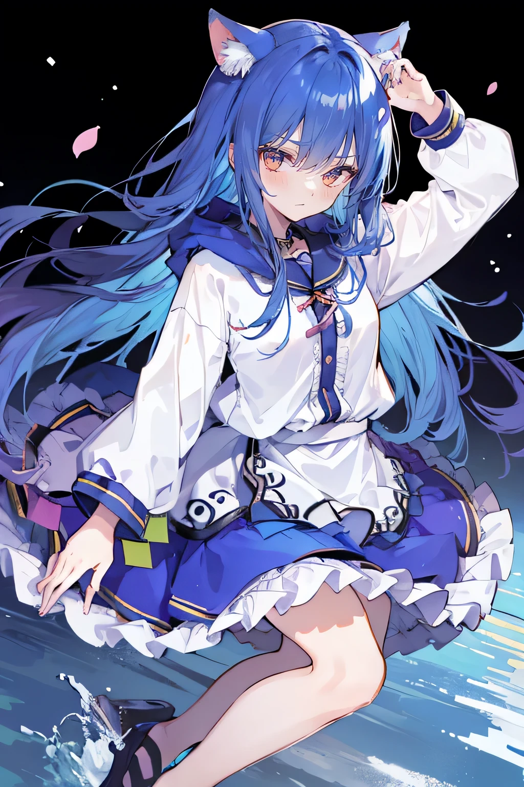 (masterpiece:1.2),Super detailed,lifelike,Expressive eyes,fair skin,perfect face shape,1 girl,
Japanese comics,Gorgeous blue hair,flowing blue hair,flowing clothes,Cat ears,Petals fall,beautiful lola,Baby Angel,
Shaking head with one hand,Cross your legs,Gentle and peaceful background,The pavilion is cool and comfortable,smile, wearing hoodie, background of tokyo,back views,snowing, winter,lie on the water.