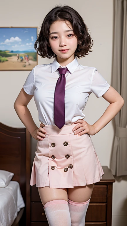 (8k, RAW photo, best quality, masterpiece, realistic, detailed face, detailed skin, warm color temperature:1.2), (1girl, Solo:1.5), (opll:1.3), Japanese junior high school girl with a beautiful face, 15 years old, cowboy shot, (skinny:1.1), (Short stature, Height 148cm, :1.3), (short hair, bob:1.2), Forehead, brown hair, tighttops, skintight, (white collared shirt, pink tie, pink high waist mini skirt, knee-high socks:1.2), button gap, huge breasts, smile, shy, dulled colors, standing, contrapposto, bed room