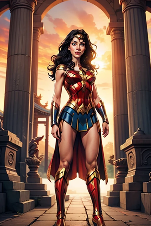 Gal Gadot as Wonder Woman standing in front of a temple full of Amazons,surrounded by Amazon warriors
