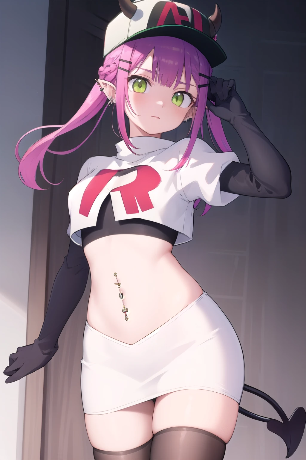 ((masterpiece)),(best quality),official art,extremely detailed CG,unity 8k wallpaper,ultra detailed,1girl,solo,cowboy shot,tokoyami towa,baseball cap,black headwear,colored inner hair,demon girl,demon tail,ear piercing,fake horns,green eyes,hair ornament,hairclip,hat,horned headwear,long hair,multicolored hair,navel piercing,pink hair,pointy ears,purple hair,sidelocks,twintails,streaked hair,tail ornament,tail piercing,team rocket,team rocket uniform,white skirt,red letter R,crop top,black thigh-highs,black elbow gloves