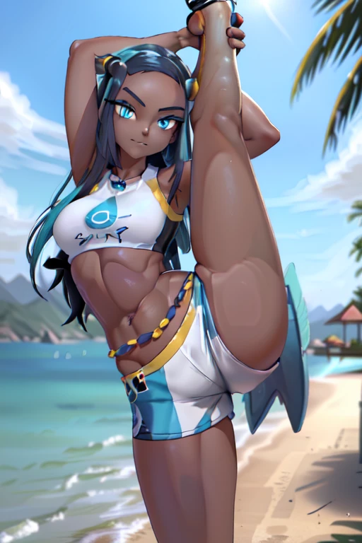 masterpiece, best quality, highly detailed, (Detailed face:1.2), (Detailed eyes:1.2), 1girl, solo, (nessa_pokemon:1.3), dark-skinned female, dark skin, blue eyes, aqua eyes, long hair, black hair, blue hair, aqua hair, multicolored hair, two-tone hair, hair bun, single hair bun, eyeshadow, slim feminine figure, arrogant smile, shorts, crop top, tankini, belly chain, single glove, midriff, sandals, , Hand lifting one leg, Detailed legs, flexible, (Standing on one leg:1.2), (standing split:1.3), Hand lifting one leg, stretching, posing, cowboy shot, cinematic composition, (Background: outdoors, day time, beach town, view of the ocean)
