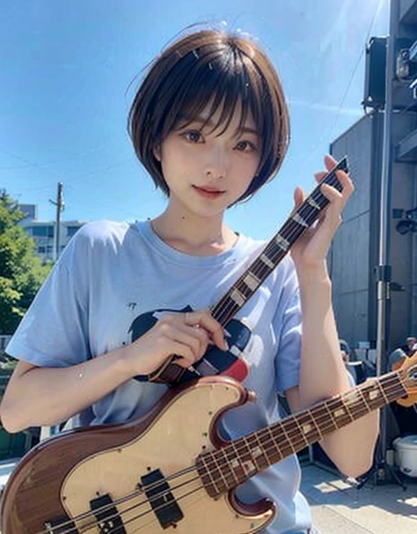 ((highest quality))、(masterpiece:1.4)、RAW Photos、8k、((Best image quality))、 ((High resolution))、Beautiful face in every detail、Realistic human skin、Gentle expression、(One Woman:1.3 )、Realistic、Photorealistic、(Very short hair:1.4)、(Playing the bass guitar:1.3)、(on stage:1.3)、((perform at a live concert))、Stand microphone、Wristband、bracelet、((Young women respect her))、(Live Music)、(concert)、She has many fans、rock band、(Beautiful woman)、(boyish:1.3)、(((mannish)))、((Beautiful woman))、(Beautiful Hair)、((Dark brown hair))、(((Red cheeks)))、(Big eyes:1.3)、40 year old beauty、(Her face is small:1.5 )、Small Head、((Long neck))、White skin、Immaculate skin、With bangs、Everyone praises、日本のBeautiful woman、((8 heads))、(necklace)、(Music Festival:1.4)、(((blue sky)))、(((Outdoor))),singer、(concert t-shirt)、smile、(Larger clothes:1.3)、Happy expression,tall