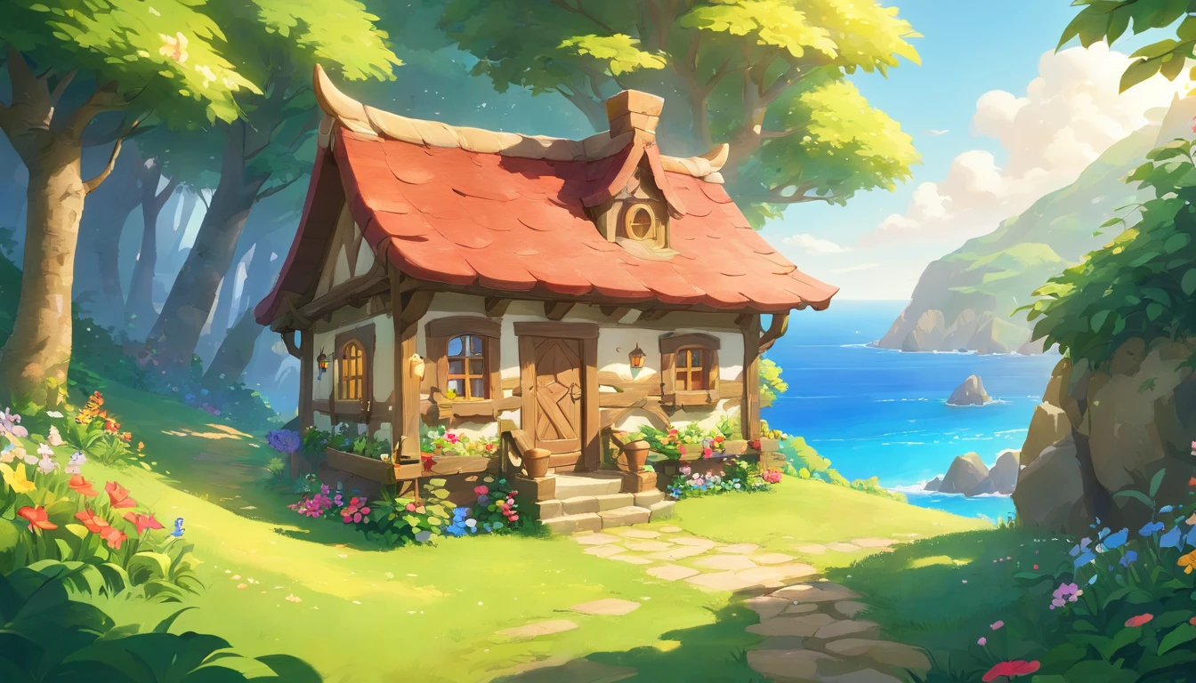 (Mysterious fantasy cliff forest and sea), simple house cabin with red roof and beige walls and small window on the upper floor and the wooden door on the ground floor give it a traditional and cozy look, It is vividly depicted in the work (Best quality, 8K, Advanced resolution, Masterpiece: 1.2), With ultra-detailed detail (1.4x realism, Photorealistic: 1.37). This dream forest is made up of bright colors，bathed in the warm glow of the sun, Create a cheerful and whimsical atmosphere. The house is designed with great attention to detail, With a complex design and unique architecture, Similar to a costage and cabin house。 (This fantastic cliff is surrounded by lush greenery and colorful flowers and sea), Elevate a captivating and magical environment。 The artwork showcases an illustrative style, Inspired by children's book illustrations, Ensures a glamorous and nostalgic touch. The color palette consists of bright rainbow colors, Seven colors，Evoke feelings of joy and playfulness. Lighting accentuates the picturesque scene, Create soft and warm shadows，Add depth and warmth to the artwork. Every detail is impeccablely presented, creating a visually stunning masterpiece，Capture the essence of the light between oceans, there's a boy running to the front with outfit adventur