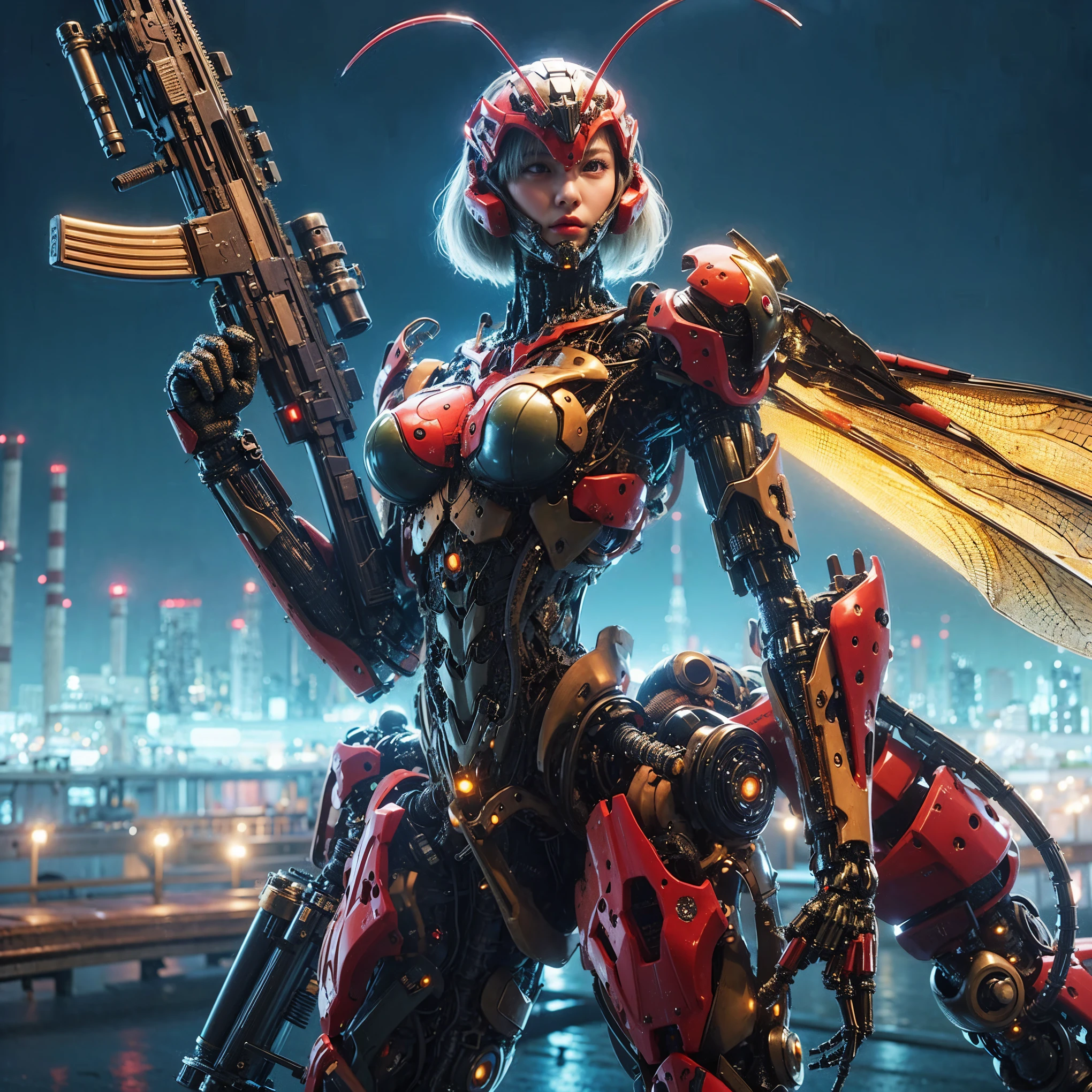 (extremely intricate all details)、(extremely realistic all Texture) 、glossy Texture、Navy blue heavy mechanical armor resembling a pillbug, designed by Hajime Katoki、1 person、Beautiful female soldier、Multi-legged、Heavyweight、Heavy Armor、Firearms、Ultra-realistic、Full Body Shot、Night view of the bayside industrial area、Spotlight lighting to illuminate characters、Please generate at least 4 copies.