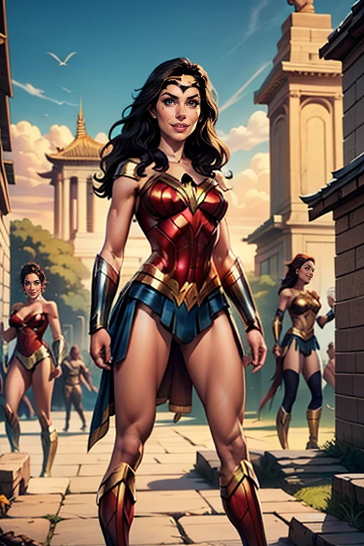 Gal Gadot as Wonder Woman standing in front of a temple full of Amazons,surrounded by Amazon warriors