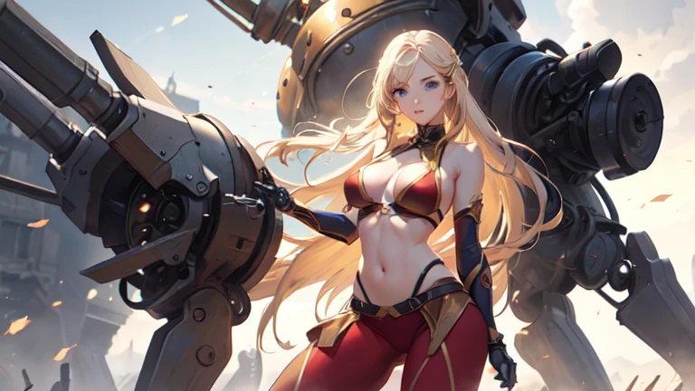 ((best quality)), ((masterpiece)), (detailed), Perfect face,Top quality、Top image quality、masterpiece、girl with((Red tights、18 years old、Lovely woman、Best Bust、Optimal waist-hip ratio，Best body golden ratio,Beautiful light blue eyes、Breasts wide open, Blonde、A slender one,Oyama Valley、War campaign,Warlike faces、Bikini，Navel vest、Mechanical skirt、ribbon，丝绸ribbon，high quality、beautiful art、Background glow、Depth of Field,movie style，Photorealistic shots