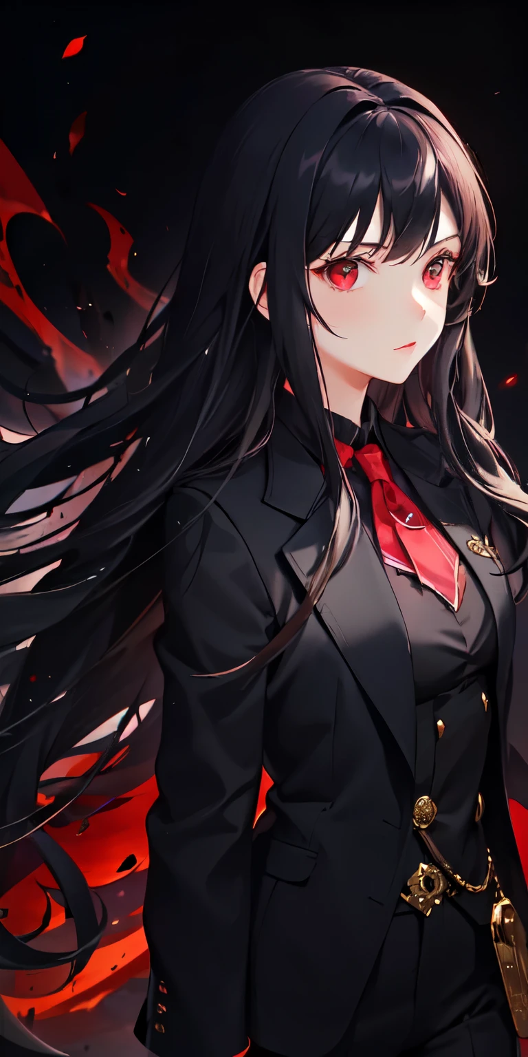 Girl with cold sharp dark red eyes and wavy black hair wearing suit very mysterious and dangerous