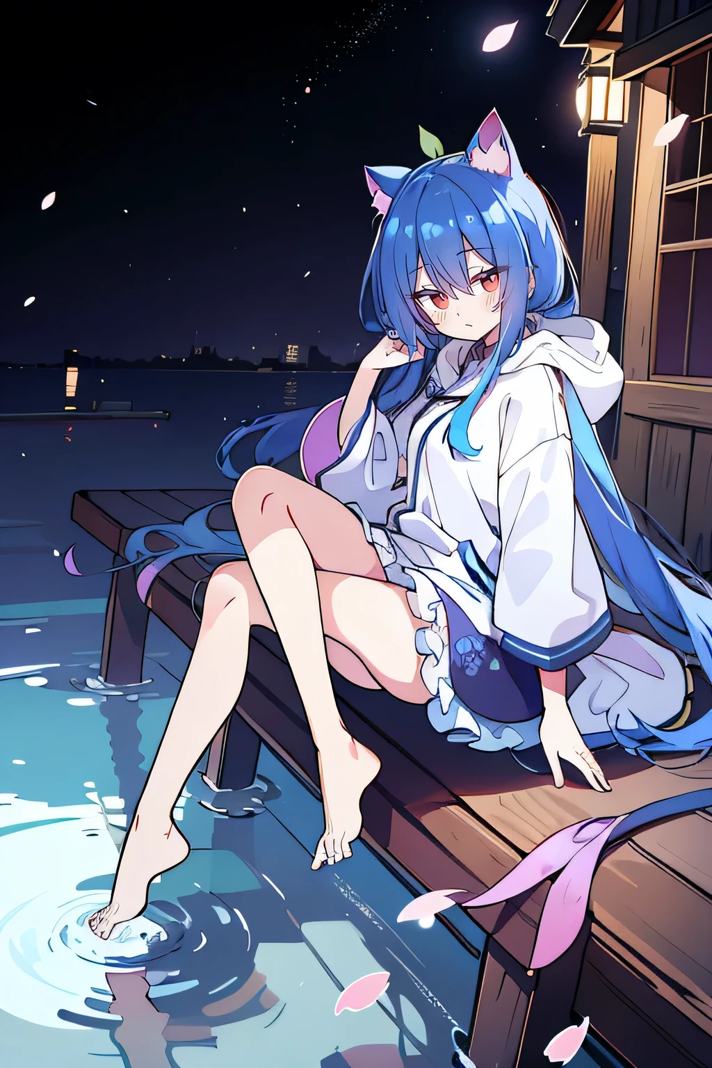 （masterpiece：1.2），Super detailed，lifelike，Expressive eyes，fair skin，perfect face shape，1 girl，
Japanese comics,Gorgeous blue hair,flowing blue hair,flowing clothes,Cat ears,Petals fall,beautiful lola,Baby Angel,
Shaking head with one hand，Cross your legs，Gentle and peaceful background，The pavilion is cool and comfortable,smile, wearing hoodie, background of tokyo,back views,snowing, winter,lie on the water.