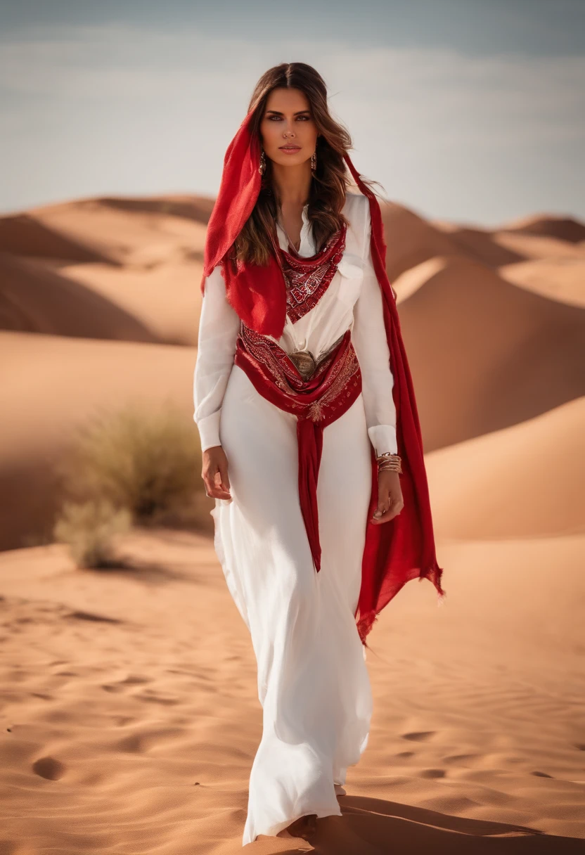 Fille brune, vetu d’un tissu blanc ample sans soutiens gorge, avec un bandana rouge et blanc dans le desert sur un chameau
