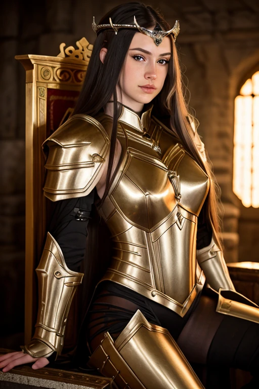 RAW photo, close up, portrait, breegirl, long hair, clothed, metal armor, open armor, semi nude, sfw, 105mm professional photography, analog photography, background is throne room, detailed background, (high detailed skin:1.2), 8k uhd, dslr, soft lighting, high quality, film grain, Fujifilm XT3,