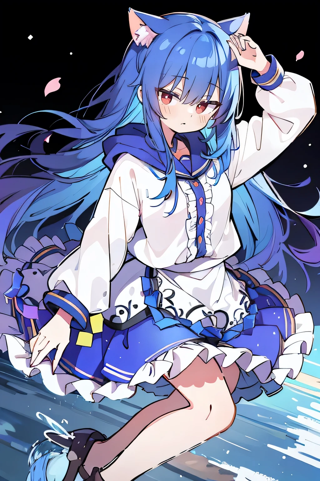 （masterpiece：1.2），Super detailed，lifelike，Expressive eyes，fair skin，perfect face shape，1 girl，
Japanese comics,Gorgeous blue hair,flowing blue hair,flowing clothes,Cat ears,Petals fall,beautiful lola,Baby Angel,
Shaking head with one hand，Cross your legs，Gentle and peaceful background，The pavilion is cool and comfortable,smile, wearing hoodie, background of tokyo,back views,snowing, winter,lie on the water.