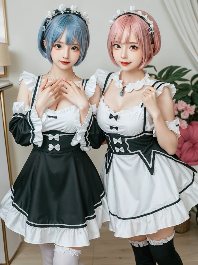 Accurate depiction with high resolution,(8K, Photorealistic, Raw photo, of the highest quality: 1.3), (1girl in), Super beautiful, (Realistic face), (boyish, pink Color Berry Shorthair), Beautiful , Glare that captivates the viewer, Beautiful expression, Beautiful breasts, (Realistic skin), Be...Create a detailed and colorful image of Ram and Rem from Re:Zero, standing back-to-back in their maid outfits, with a magical fantasy background、14years old, two girls,cute, perfect face, beautiful, nice body, gothic lolita clothes, gothic lolita fashion, frilly skirt, headdress, necklace, bracelet, knee-high socks, boots, double eyelids, tear bags, Detailed down to the fingers, photo-like description, indoors, dim indoor lighting, one girl is pink hair and short bob, another girl is light blue hair and short bob,standing,whole body, composition that shows the whole body, smiling,The Both of them are wearing the same type of maid outfit,Optimal ratio of 4 fingers and 1 thumb,walking
