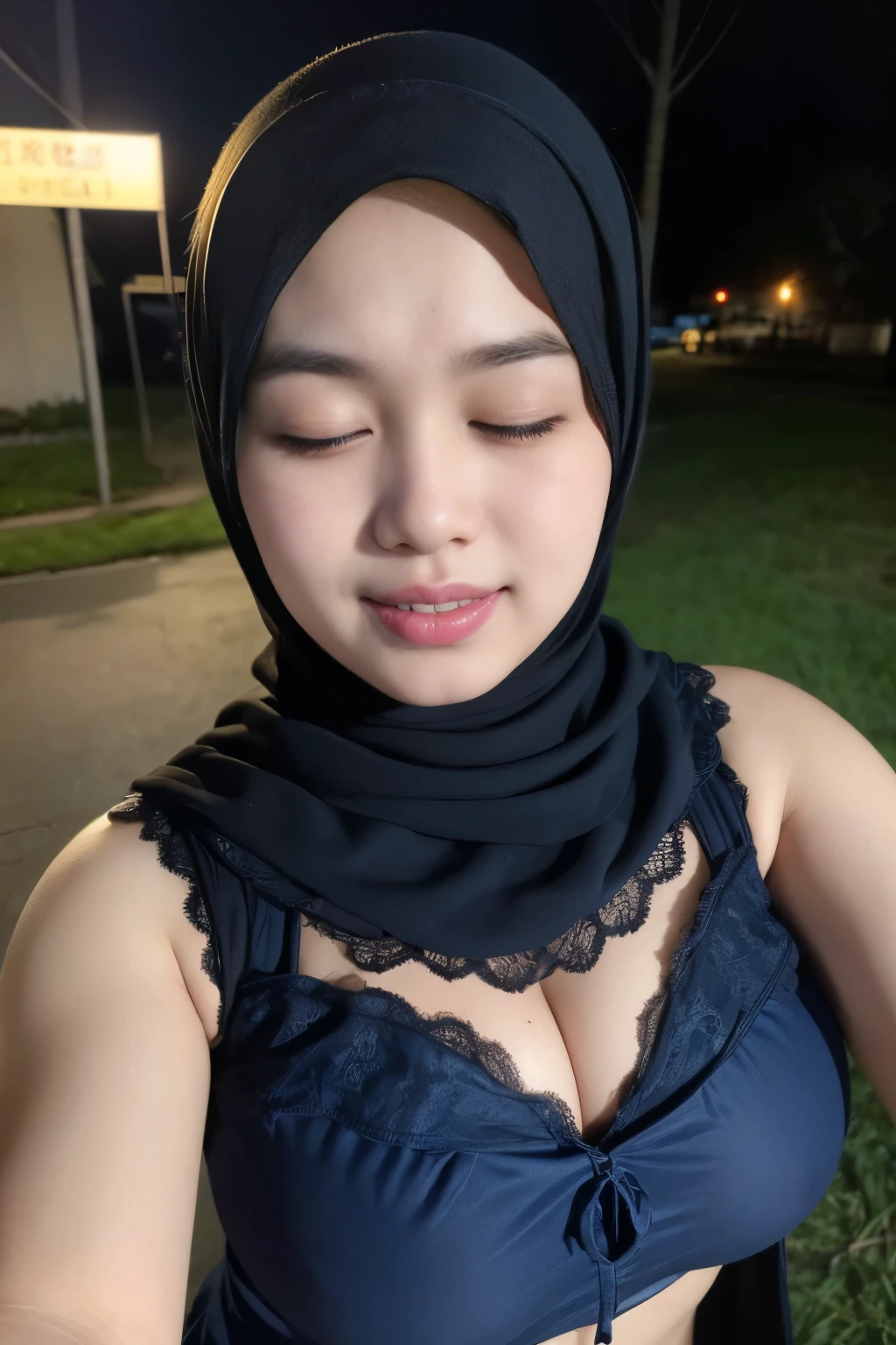 matured 25 years old chubby malay girl in hijab nude body pose squat and open leg wide showing nude shaved pussy and smiling in a dark forest ,with eye close, bottom angle shot, wet body, wet face with ,