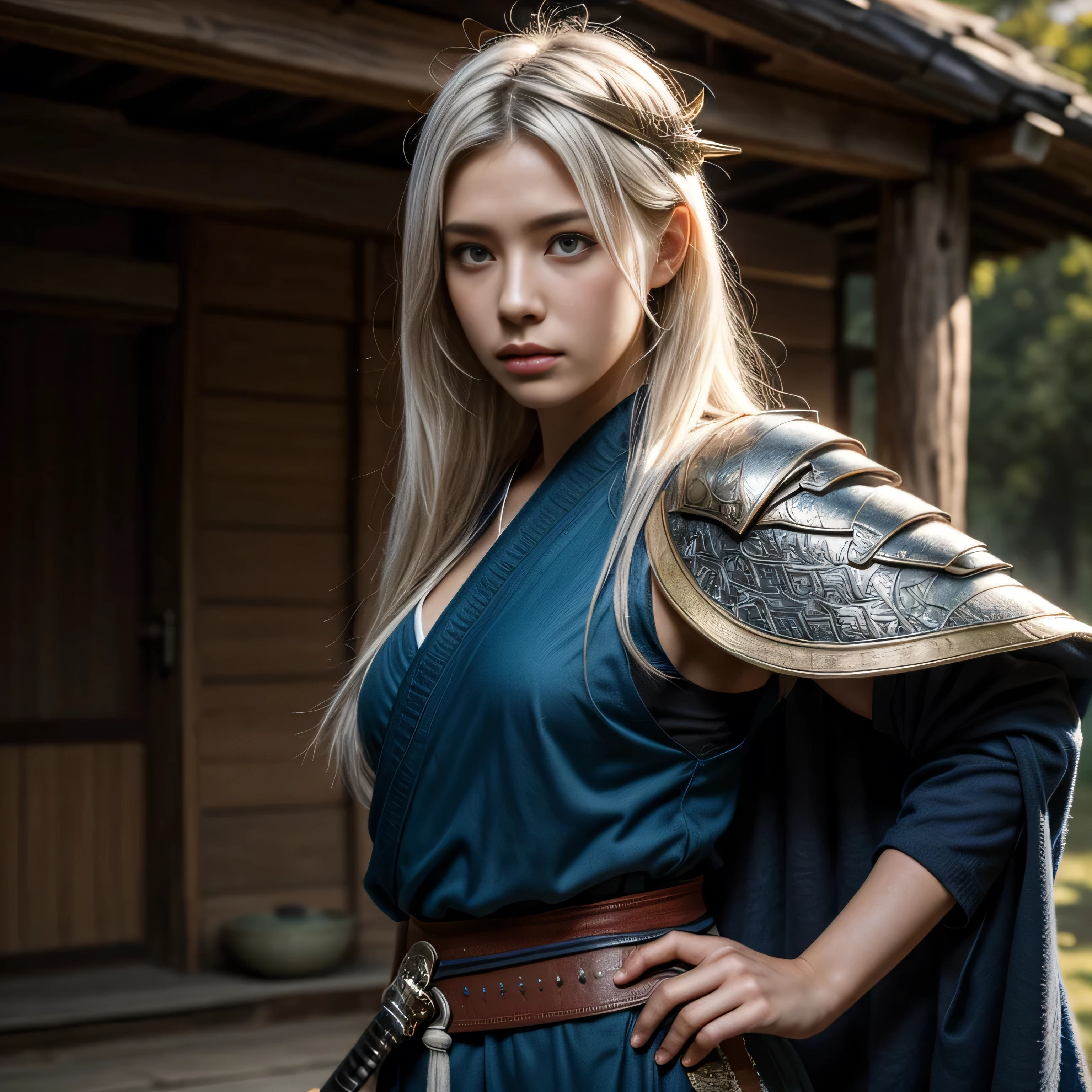 photorealistic, masterpiece, photorealistic, high resolution, soft light, hips up, blue eyes, white hair, long hair, Intricate details EABA, cloaks, kunais, Ninja, Armor, warrior, samurai helmet