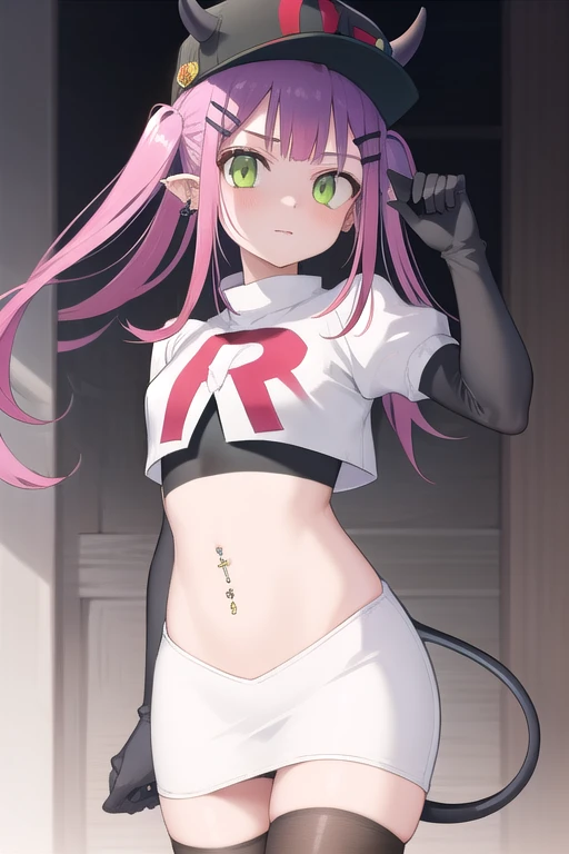 ((masterpiece)),(best quality),official art,extremely detailed CG,unity 8k wallpaper,ultra detailed,1girl,solo,cowboy shot,tokoyami towa,baseball cap,black headwear,colored inner hair,demon girl,demon tail,ear piercing,fake horns,green eyes,hair ornament,hairclip,hat,horned headwear,long hair,multicolored hair,navel piercing,pink hair,pointy ears,purple hair,sidelocks,twintails,streaked hair,tail ornament,tail piercing,team rocket,team rocket uniform,white skirt,red letter R,crop top,black thigh-highs,black elbow gloves