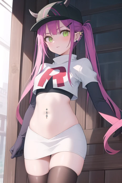 ((masterpiece)),(best quality),official art,extremely detailed CG,unity 8k wallpaper,ultra detailed,1girl,solo,cowboy shot,tokoyami towa,baseball cap,black headwear,colored inner hair,demon girl,demon tail,ear piercing,fake horns,green eyes,hair ornament,hairclip,hat,horned headwear,long hair,multicolored hair,navel piercing,pink hair,pointy ears,purple hair,sidelocks,twintails,streaked hair,tail ornament,tail piercing,team rocket,team rocket uniform,white skirt,red letter R,crop top,black thigh-highs,black elbow gloves