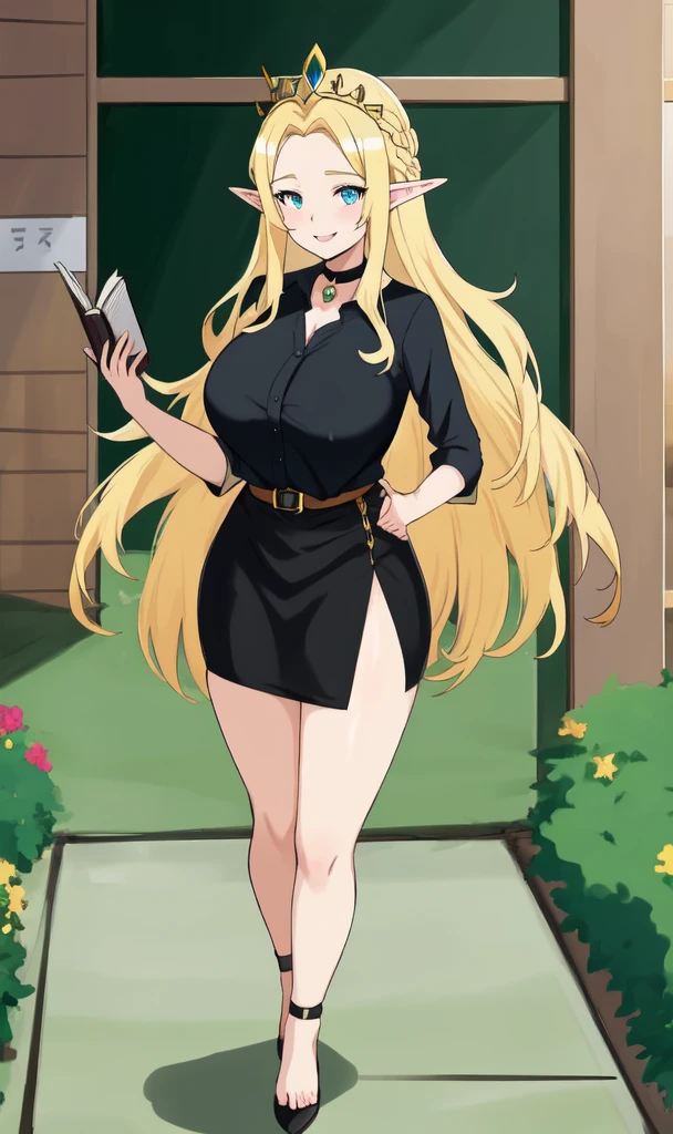 anime,(mature woman:1.2), sky, 1 woman, laurel crown, forehead gem, my hair is very long., blonde hair, blue eyes, big breasts, elf, pointed ears, long pointed ears, Hair between the eyes, smooth, parted smooth, look at the audience., smile, be happy, white shirt, collar shirt, pencil skirt, black skirt,Wrap up your skirt.,see female genitals,not wearing underwear,Not wearing underwear, NSFW, Stand with your feet apart., step out of bounds, classroom, (blackboard:1.1), In the building. teacher, black choker, holding a book, look at the audience.from the front,