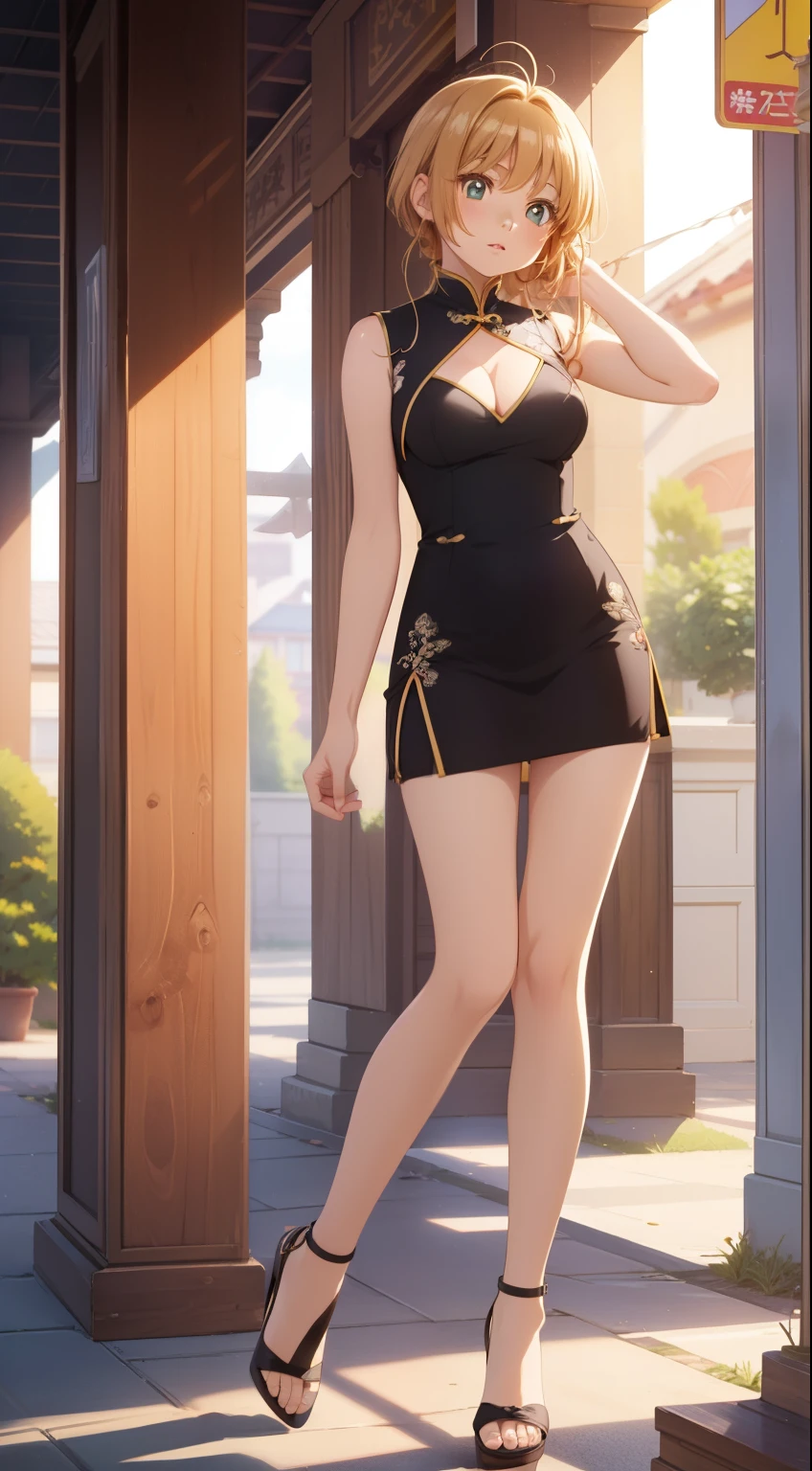 masterpiece, best quality, highres, perfect pixel, depth of field, 1girl, single, solo, beautiful anime girl, beautiful artstyle, (detailed face), (blush), anime CG style, (medium breasts), good lighting, perfect body, lips parted, (sakura kinomoto), glossy lips, (sleeveless cheongsam), cleavage, (high heels), bare legs