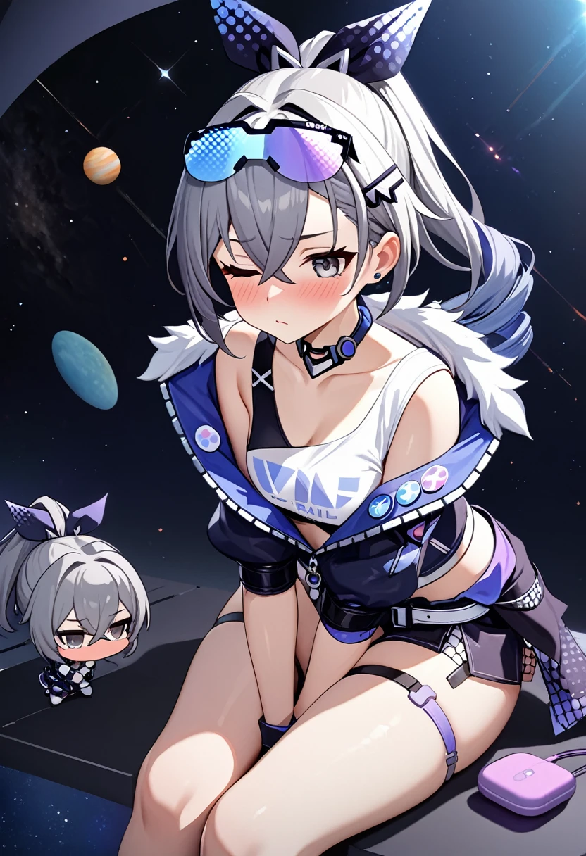 masterpiece, high resolution, ultra detailed, 8K,  silver wolf from honkai star rail, embarrassed, shy, simple background, HDR, hand between legs, in the outer space, sexy sitting pose, leaning forward, one eye closed, cute pouting, squishy thighs, heavy breathing, has vibrator in, masturbating