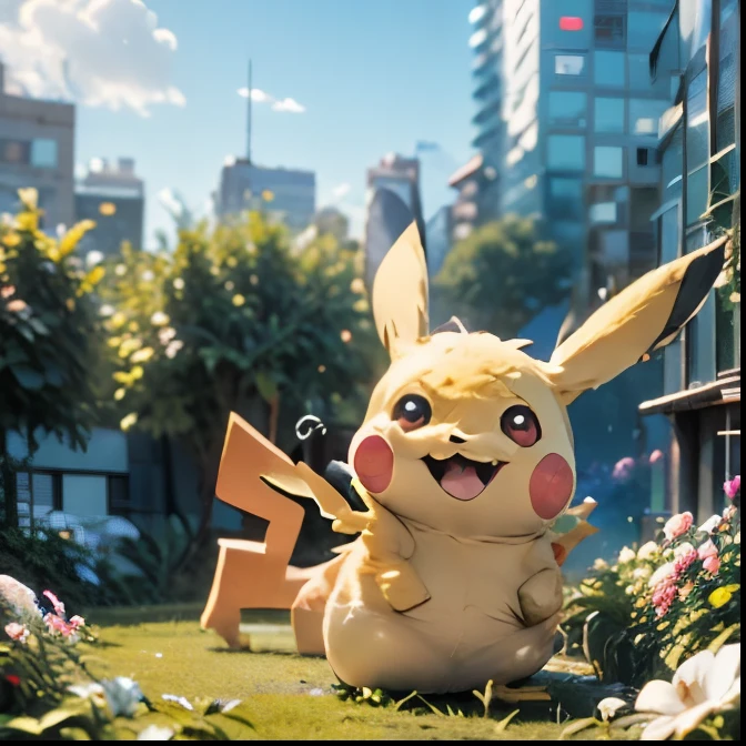 RRRHHH,,(Huge Pikachu, Pokémon ,3D)(forest, City, architecture, garden, Flowers, Blue sky, White Cloud, architecture),