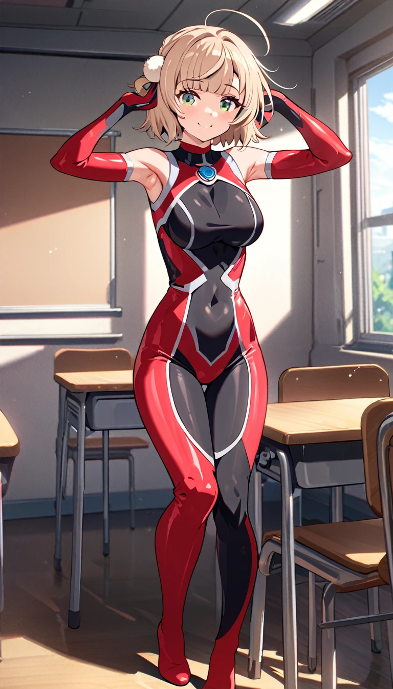 (full body),masterpiece, highest quality, High resolution, Anime Style， ultragirl, bodysuit，Shigure Ui，One Girl, alone, Cowboy Shot, Sitting, classroom, mechanical, put your hands on the table, smile, Show me your armpits, Raise your arms