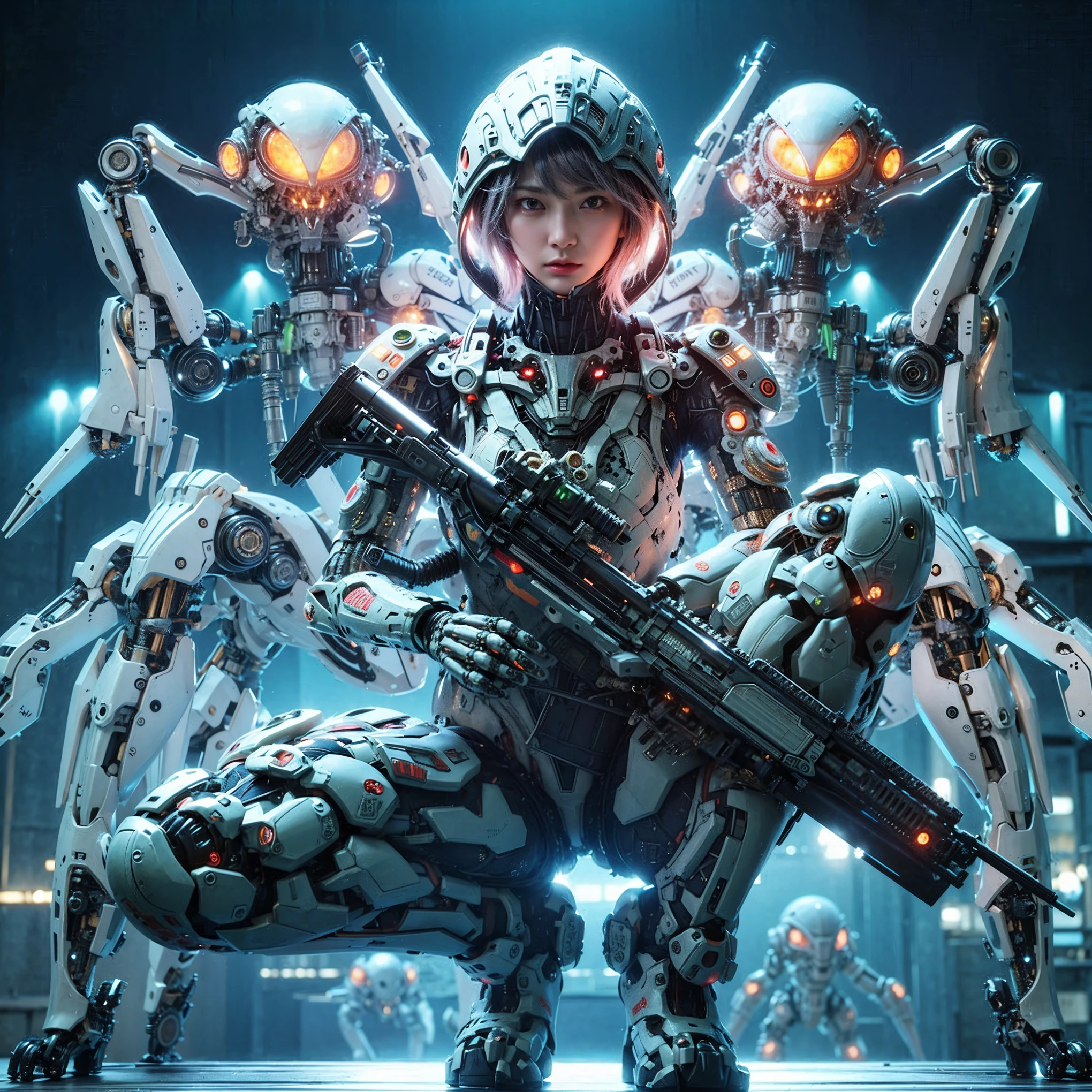 (extremely intricate all details)、(extremely realistic all Texture) 、glossy Texture、Navy blue heavy mechanical armor resembling a pillbug, designed by Hajime Katoki、1 person、Beautiful female soldier、Multi-legged、Heavyweight、Heavy Armor、Firearms、Ultra-realistic、Full Body Shot、Night view of the bayside industrial area、Spotlight lighting to illuminate characters、Please generate at least 4 copies.