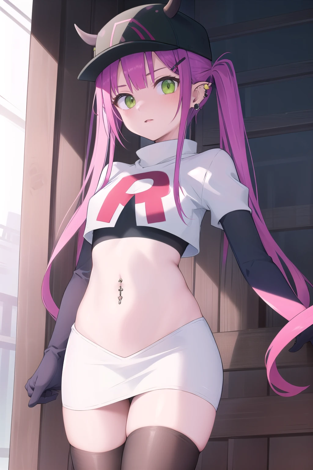 ((masterpiece)),(best quality),official art,extremely detailed CG,unity 8k wallpaper,ultra detailed,1girl,solo,cowboy shot,tokoyami towa,baseball cap,black headwear,colored inner hair,demon girl,demon tail,ear piercing,fake horns,green eyes,hair ornament,hairclip,hat,horned headwear,long hair,multicolored hair,navel piercing,pink hair,pointy ears,purple hair,sidelocks,twintails,streaked hair,tail ornament,tail piercing,team rocket,team rocket uniform,white skirt,red letter R,crop top,black thigh-highs,black elbow gloves