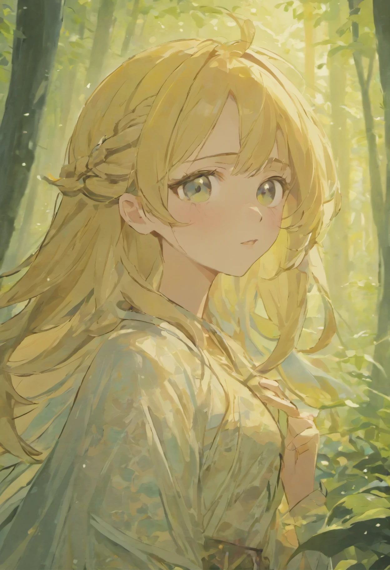 1 girl, beautiful detailed eyes, beautiful detailed lips, extremely detailed face and features, long eyelashes, serene expression, flowing hair, delicate skin, cinematic lighting, soft warm colors, detailed fantasy forest background, 8k, highly detailed
