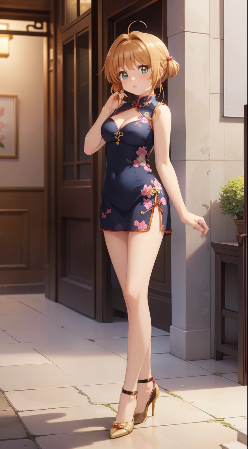 masterpiece, best quality, highres, perfect pixel, depth of field, 1girl, single, solo, beautiful anime girl, beautiful artstyle, (detailed face), (blush), anime CG style, (medium breasts), good lighting, perfect body, lips parted, (sakura kinomoto), glossy lips, (sleeveless cheongsam), cleavage, (high heels), standing