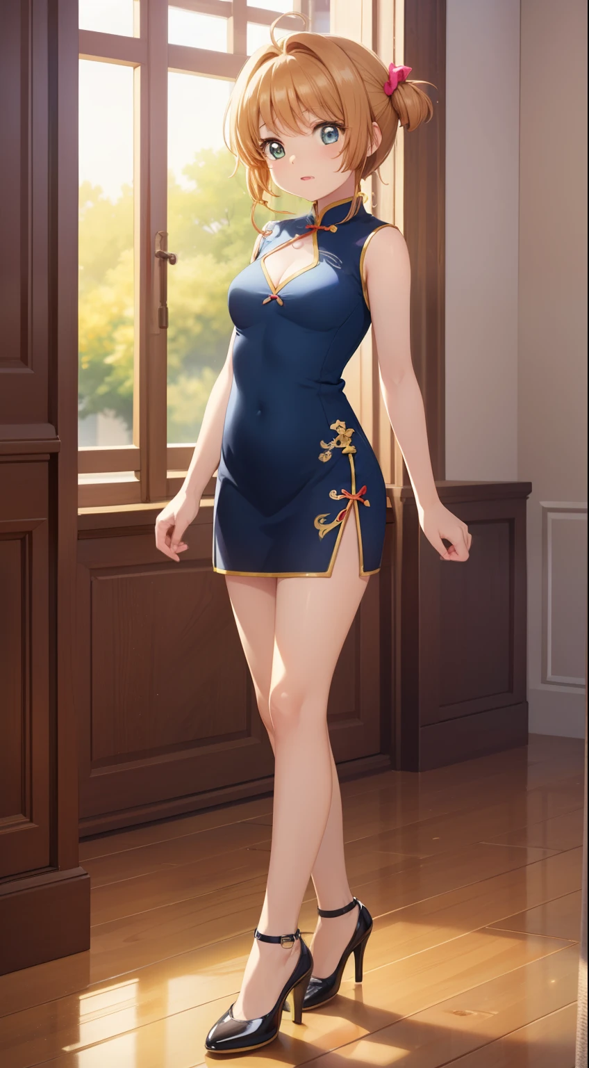 masterpiece, best quality, highres, perfect pixel, depth of field, 1girl, single, solo, beautiful anime girl, beautiful artstyle, (detailed face), (blush), anime CG style, (medium breasts), good lighting, perfect body, lips parted, (sakura kinomoto), glossy lips, (sleeveless cheongsam), cleavage, (high heels), standing