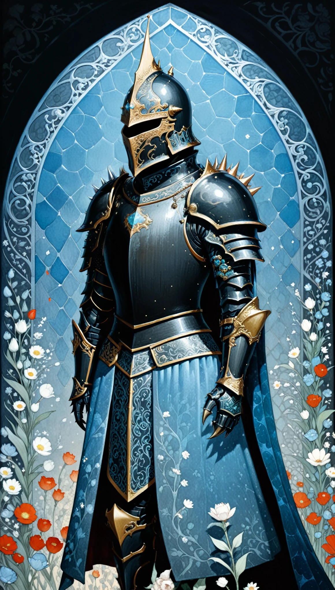 (in style of John Bauer:0.8),(in style of by Liu Ye:0.9),
1 male knight,(black_armor:1.6),romantic flower background,(fantasy style armor:1.3),(sienna and (lightblue:1.5) pane cloak:1.6),
BREAK
beautifully ornate sleek horned helmet,(special shoulder armor with (claw:1.5):1.2),(dregon spiked armor:1.5),
BREAK
(insanely detailed and intricate, hypermaximalist, elegant, ornate, hyper realistic, super detailed:1.1),(dynamic pose:1.3),
(absolutely dark:1.9),(drop_shadow:1.8),(detailed shadows:2.2),made of very bold lines,emphasis lines,perfect lines,infinity lines,utopian style,fantasy style,(lowkey light:1.7),