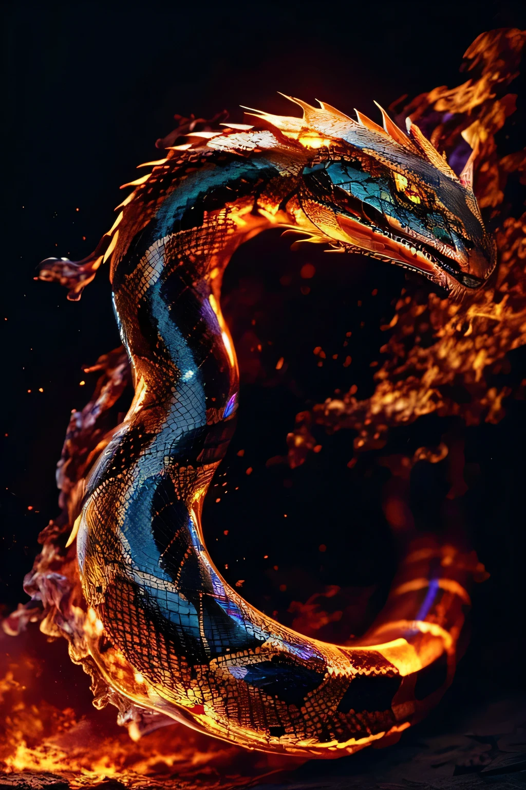 burning snake, giant snake, forest background, epic, highly detailed, 8k, hyper realistic, ultra-detailed, photorealistic, dramatic lighting, extreme contrast, moody atmosphere, mystical, sinister, menacing, coiled, striking, fangs bared, scales glistening, eyes glowing, mist swirling, ancient trees, dense foliage, mossy rocks, dynamic composition, cinematic, masterpiece