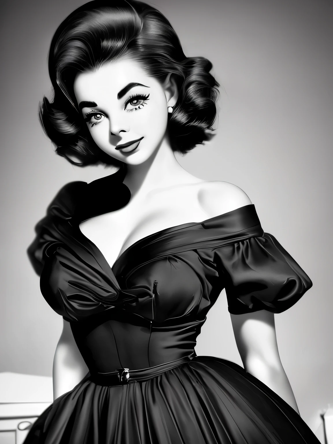a black and white photo of a woman in a dress, 1950s press photo, by Stan Galli, photo of a model, by Eugene Montgomery, 1950s photograph, old hollywood, circa 1958, gorgeous beautiful woman, black and white vintage photo, by Ralph Earl, elizabeth taylor, vintage closeup photograph, photograph ”