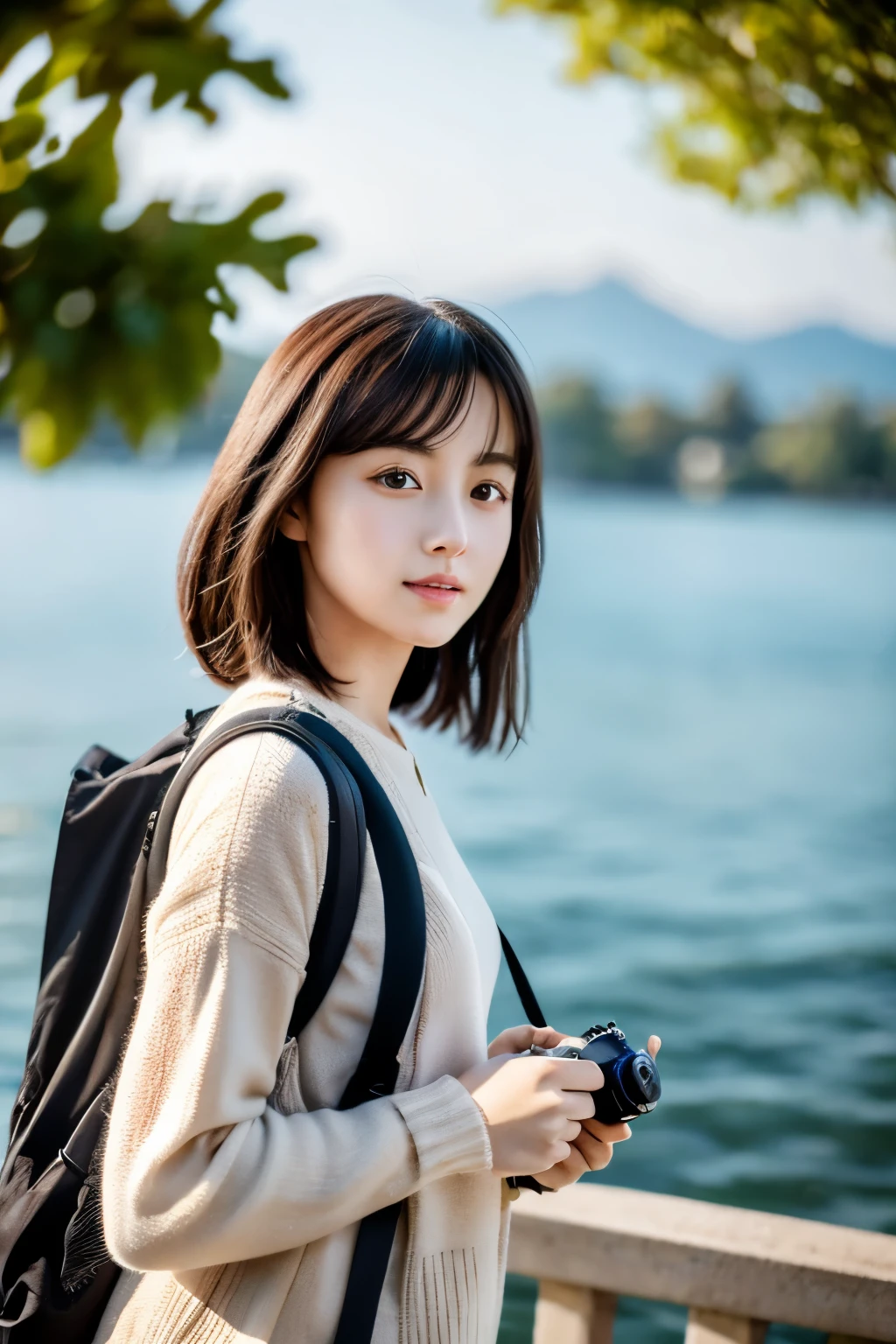 On the table, best quality, illustration, Extremely detailed, Fine details, High resolution, 8k wallpaper, Perfect dynamic composition, Beautiful and delicate eyes, Natural lip shape,A beautiful girl wearing Hanfu，Carrying a backpack，(Camera in hand)，Take a walk along the lake with a pavilion