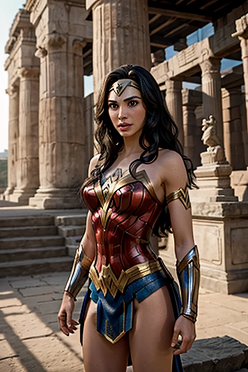 Gal Gadot as Wonder Woman standing in front of a temple full of Amazons,Surrounded by Amazon warriors in the coliseum with lions
