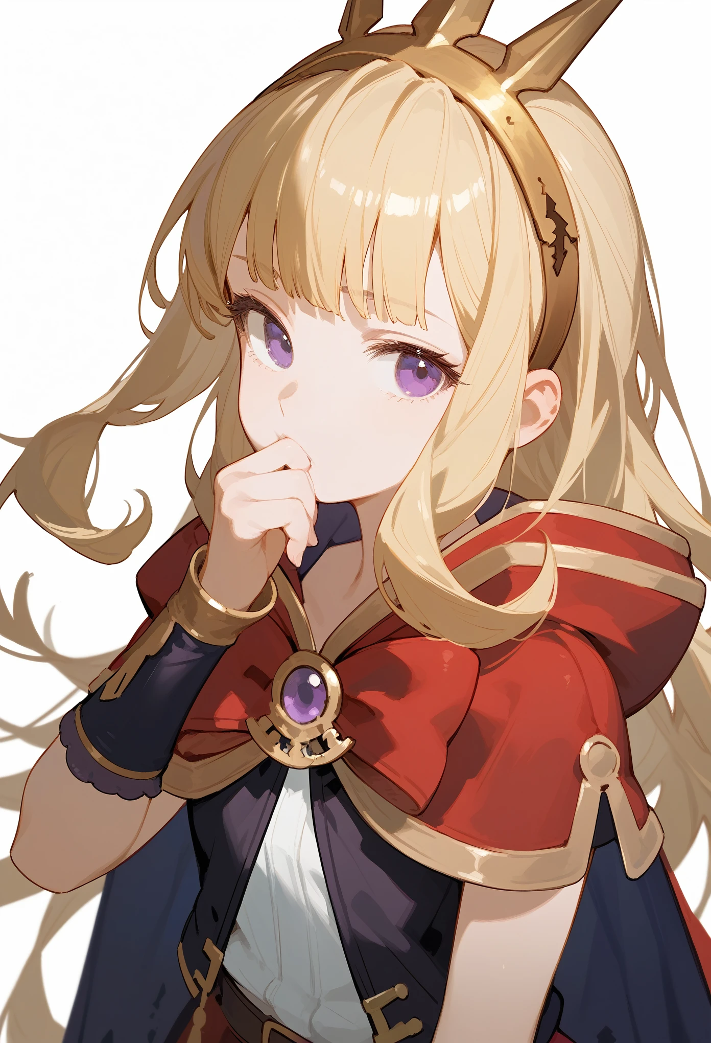 (score_9, score_8_up, score_7_up), 1girl, solo, gbf-cagliostro, Cagliostro, long blonde hair, dark purple eyes, hairband, crown, black thighhighs, red bow, red skirt, cape, white shirt, hand over mouth, looking at viewer, neutral, upper body, portrait, white background, simple background