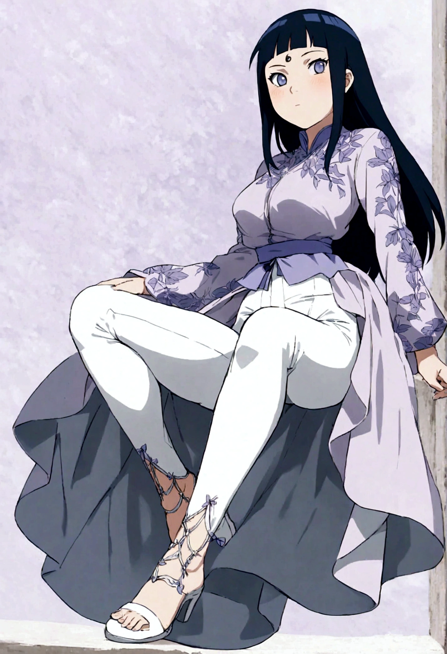 1girl, 1girl hinata full body, Hinata Hyuga, Hinata Hyuga naruto shippuden, hyuga hinata, (anime: naruto), adorable, female body, perfect body, fullbody, lavender gentle eyes, dark blue hair, dark blue long hair, beautiful, perfect body, wearing: white and lavender outfit, lavender jacket, white pants, lavender and white shoes, cute outfit, beautiful woman body, hinata, ultrasharp, 4k picture, highly detailed, stunning
