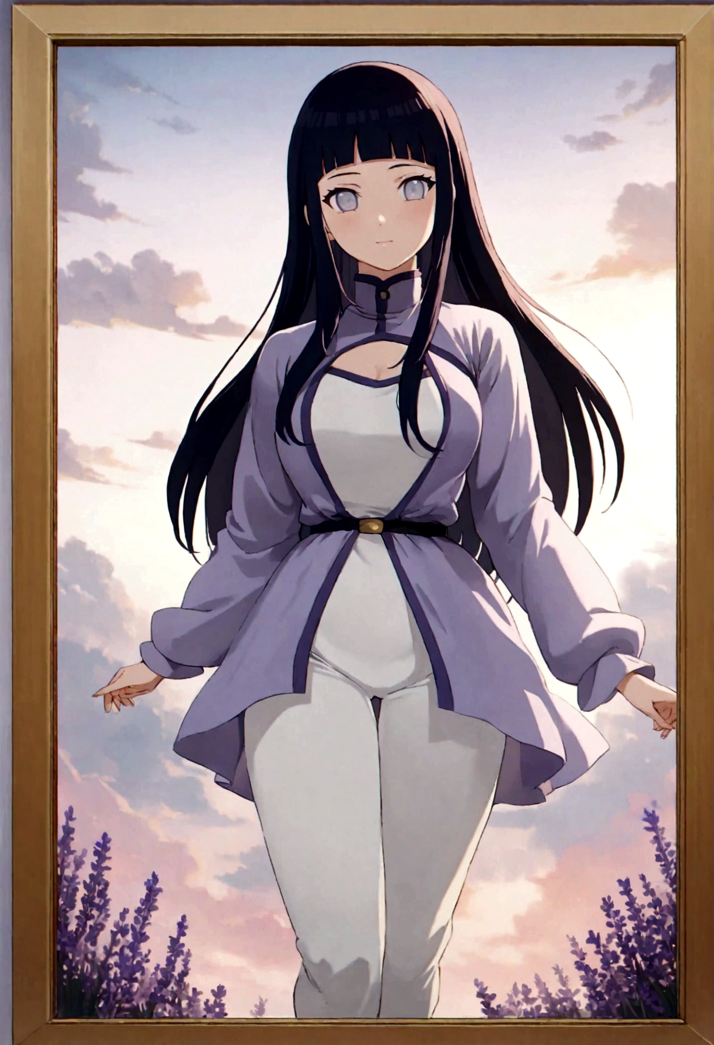 1girl, 1girl hinata full body, Hinata Hyuga, Hinata Hyuga naruto shippuden, hyuga hinata, (anime: naruto), adorable, female body, perfect body, fullbody, lavender gentle eyes, dark blue hair, dark blue long hair, beautiful, perfect body, wearing: white and lavender outfit, lavender jacket, white pants, lavender and white shoes, cute outfit, beautiful woman body, hinata, ultrasharp, 4k picture, highly detailed, stunning