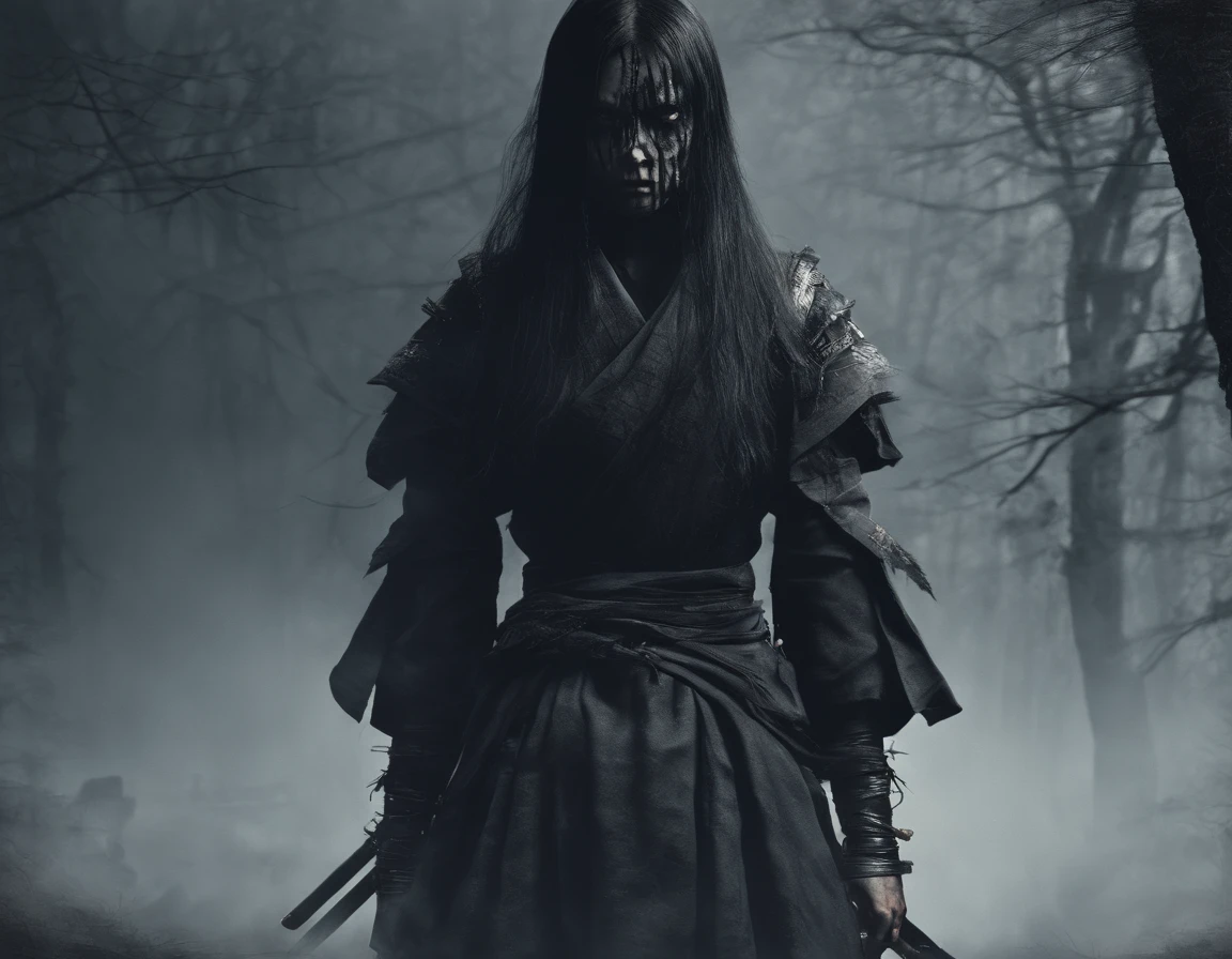 4k, realistic, very detail, there is a girl on a wood, she is a samurai, war theme, soft clothes, long hair, wearing legging, 25 years old, full body, wearing gucci shoes