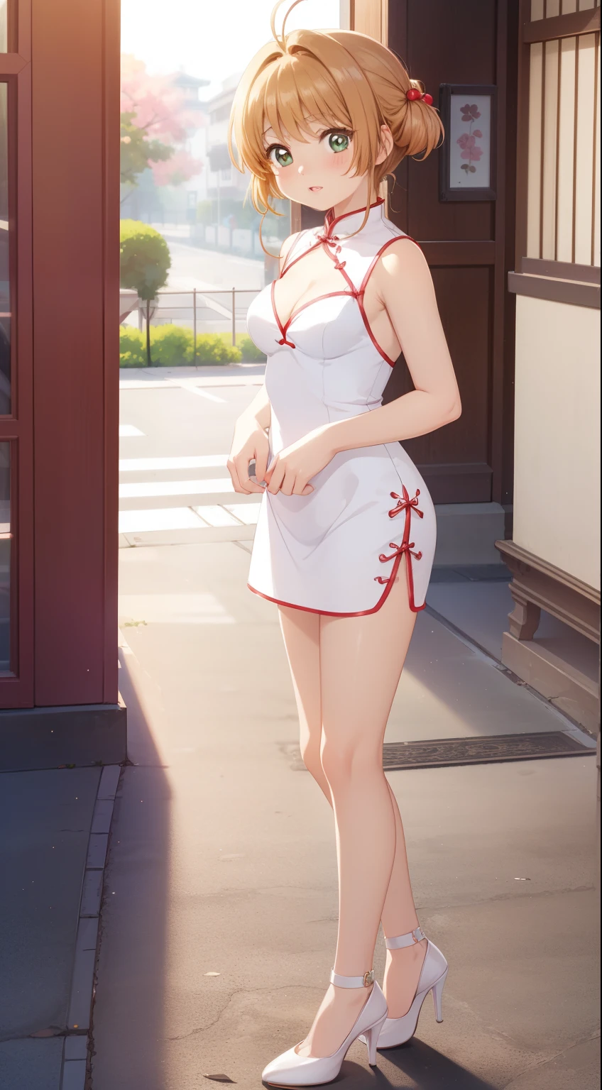 masterpiece, best quality, highres, perfect pixel, depth of field, 1girl, single, solo, beautiful anime girl, beautiful artstyle, (detailed face), (blush), anime CG style, (medium breasts), good lighting, perfect body, lips parted, (sakura kinomoto), glossy lips, (sleeveless cheongsam), cleavage, (high heels), standing