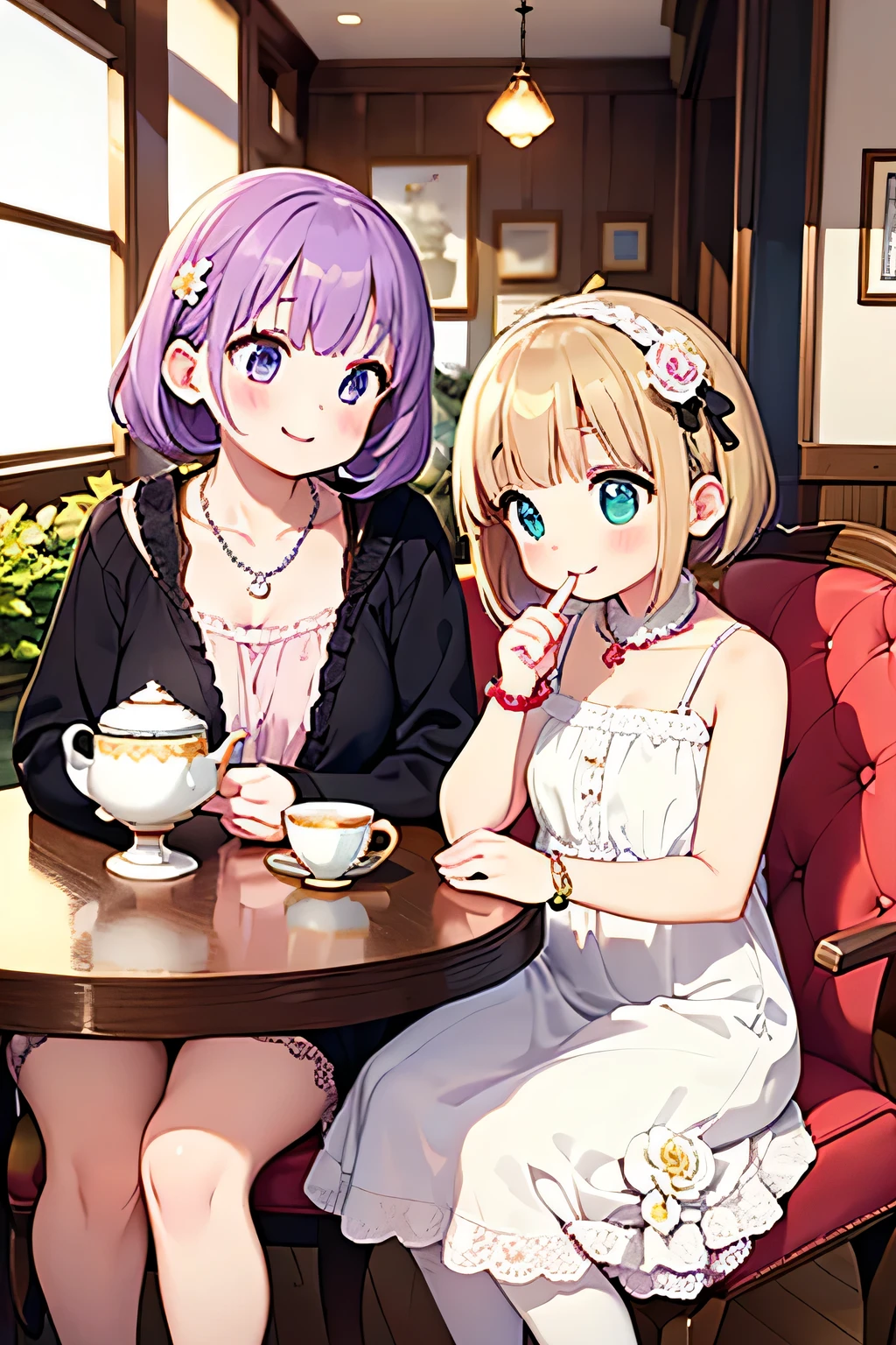 highest quality、High resolution、Detailed Background、(Beautiful face in every detail:1.4)、Anatomically correct、(Draw the usual number of fingers:1.2)、(Hide your fingers:1.3)、(Detailed facial expressions)、(Detailed eyes:1.2)、(Detailed eyes:1.2)、Teenage beauty、(Three Women)、(Highly detailed face:1.4)、Cute hair colour、Braided Ponytail、Bobcut、Braided long hair、Wavy Hairstyle、well-groomed eyebrows、Cute Eye Makeup、Cute Lip Makeup、Calm atmosphere、Happy expression、smile、Laughter、Tea time at the cafe、
(Two women enjoying tea time in a cute cafe:1.5)、
Flared silhouette dress、Camisole dress with frills and lace、
A-line dress with ribbon and flower motif、pink、Pastel Blue、Soft colors such as lavender、white、A clean base color such as beige、
Ribbon and flower hair accessories、Pearl and jewel necklaces、bracelet、
Lace bag、Pumps with ribbon、Suede or velvet short boots、
It's gorgeous but also feminine.