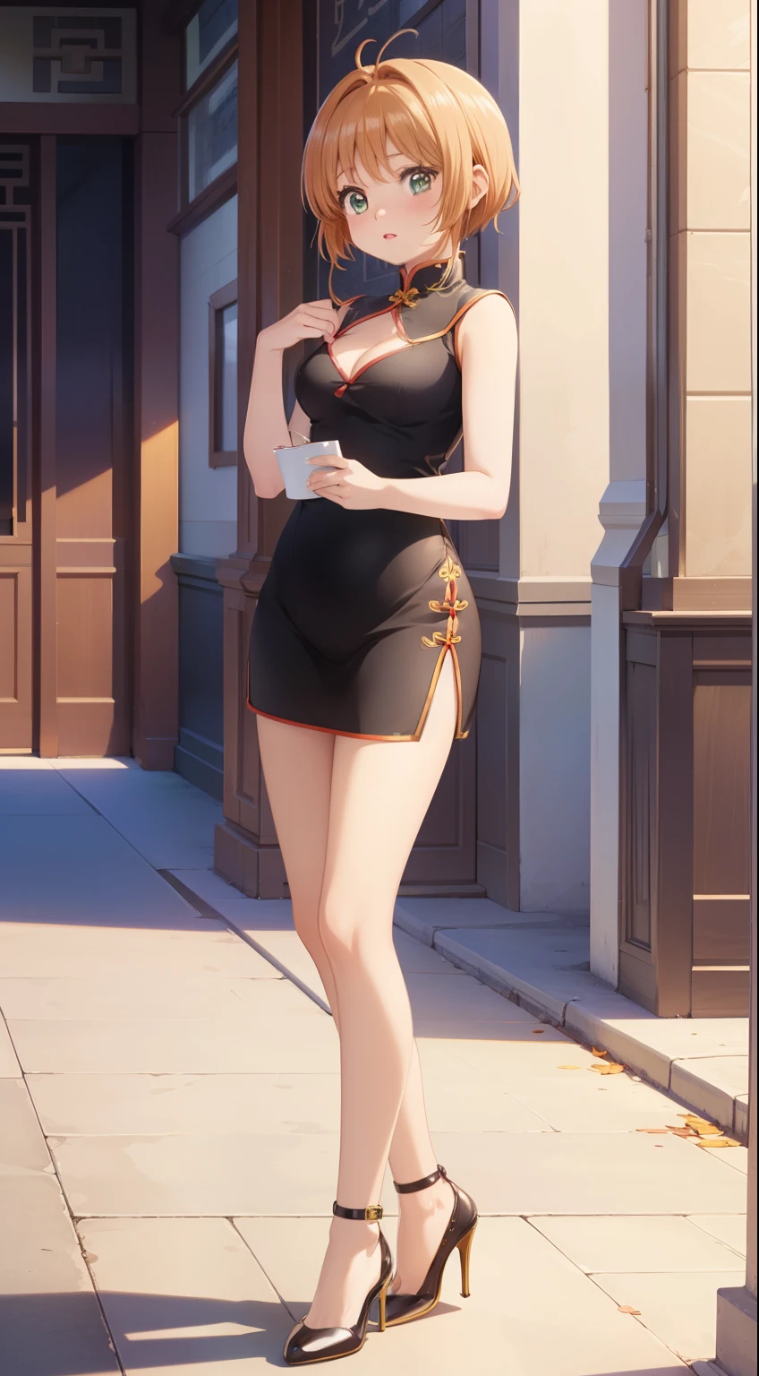 masterpiece, best quality, highres, perfect pixel, depth of field, 1girl, single, solo, beautiful anime girl, beautiful artstyle, (detailed face), (blush), anime CG style, (medium breasts), good lighting, perfect body, lips parted, (sakura kinomoto), glossy lips, (sleeveless cheongsam), cleavage, (high heels), standing