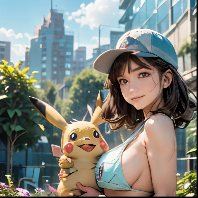 RRRHHH,girl,(Huge Pikachu, Pokémon ,3D)(forest, City, architecture, garden, Flowers, Blue sky, White Cloud, architecture),