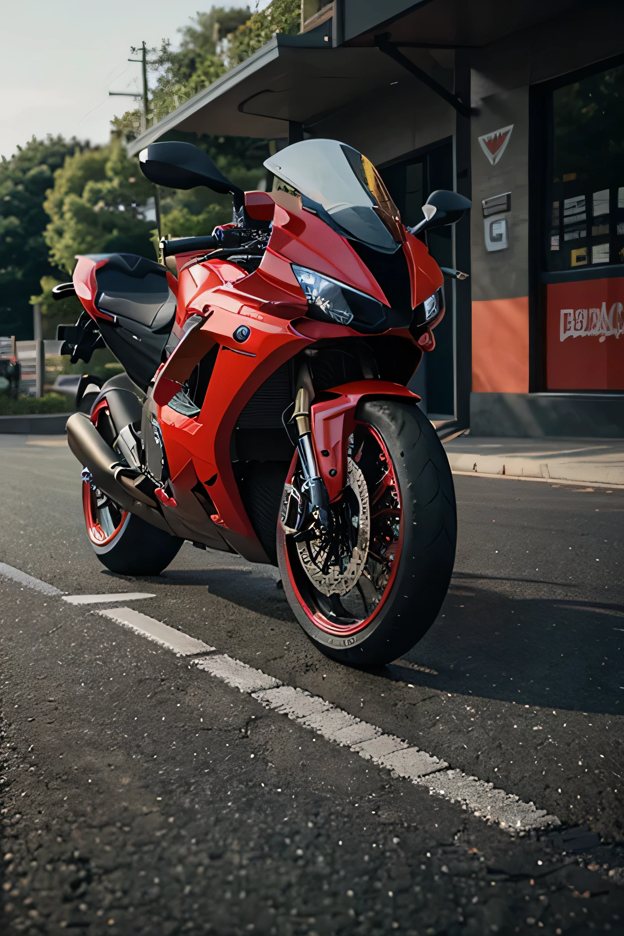innovative superbike with a striking red paint job. The bike should feature sleek, aerodynamic lines and a futuristic design. Highlight the spoke wheels, ensuring they are detailed and contribute to the bike's modern aesthetic. The bike should have a powerful, cutting-edge engine, advanced suspension, and high-performance components. Capture the bike's innovative features, such as integrated LED lighting, a digital dashboard, and premium materials, making it a true masterpiece of engineering and design."