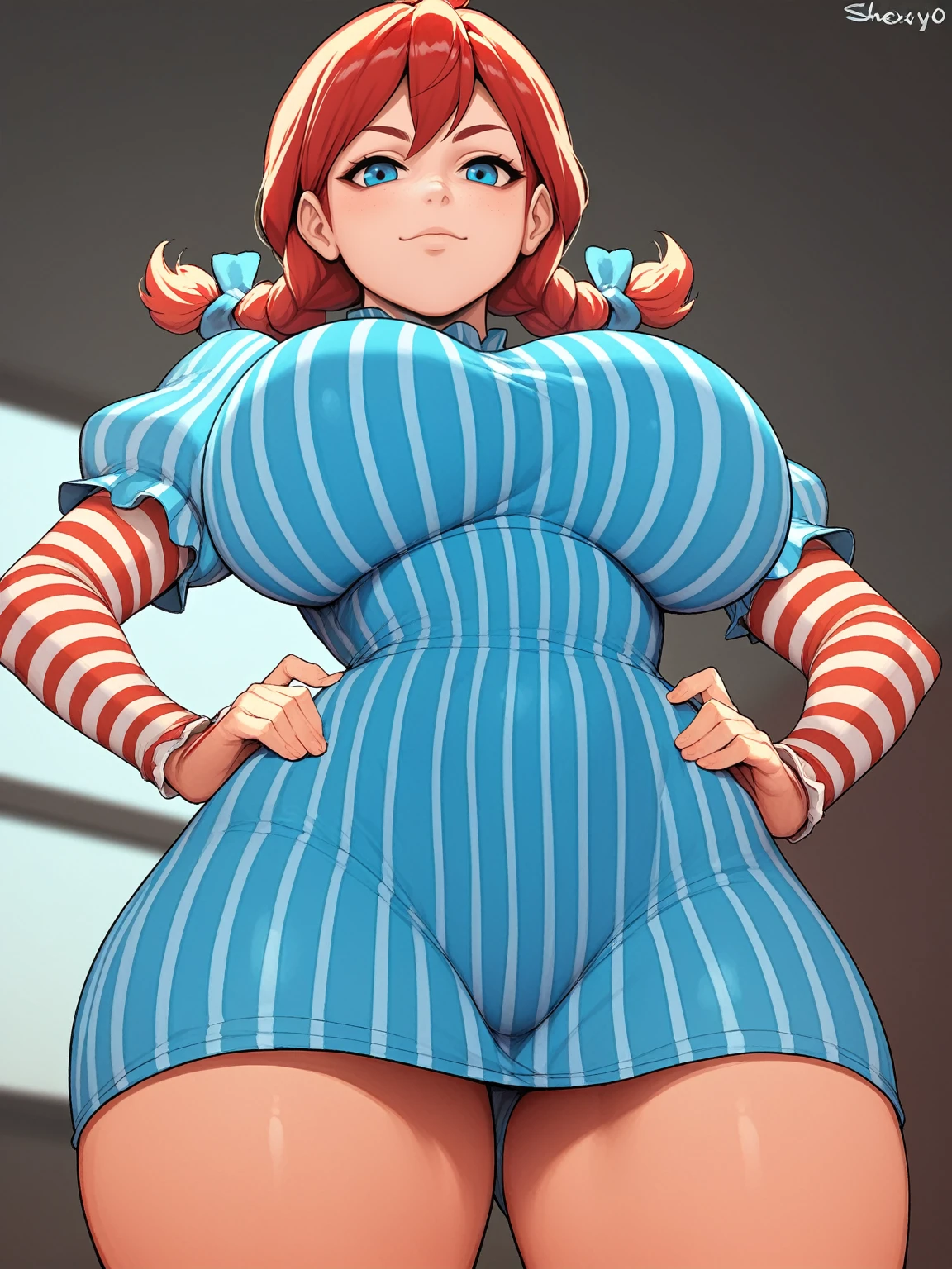 score_9, score_8_up, score_7_up, score_6_up, score_5_up, BREAK, 1girl, solo, looking down at viewer, huge , wendy \(wendy's\), freckles, sexy, langle,, shexyo