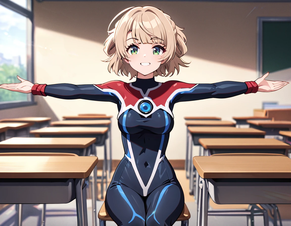 (full body),masterpiece, highest quality, High resolution, Anime Style， ultragirl, bodysuit，shigure ui，One Girl, alone, Cowboy Shot, Sitting, classroom, mechanical, put your hands on the table, smile, Show me your armpits, Raise your arms