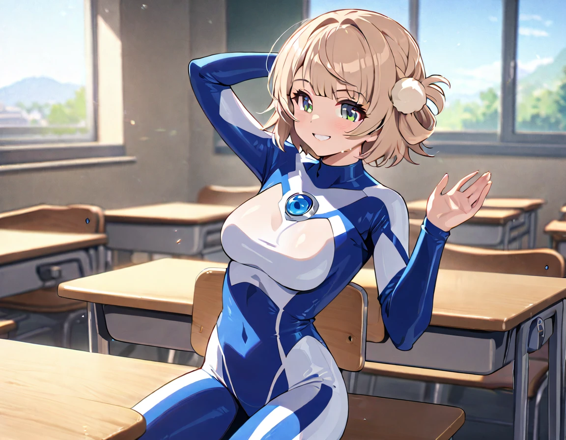 (full body),masterpiece, highest quality, High resolution, Anime Style， ultragirl, bodysuit，shigure ui，One Girl, alone, Cowboy Shot, Sitting, classroom, mechanical, put your hands on the table, smile, Show me your armpits, Raise your arms