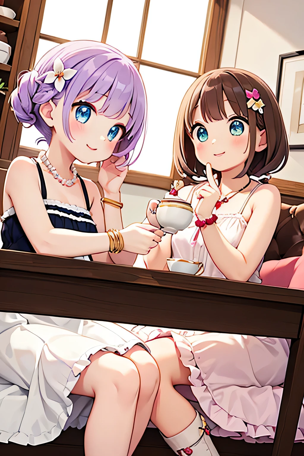 highest quality、High resolution、Detailed Background、(Beautiful face in every detail:1.4)、Anatomically correct、(Draw the usual number of fingers:1.2)、(Hide your fingers:1.3)、(Detailed facial expressions)、(Detailed eyes:1.2)、(Detailed eyes:1.2)、age beauty、(Three Women)、(Highly detailed face:1.4)、Cute hair colour、Braided Ponytail、Bobcut、Braided long hair、Wavy Hairstyle、well-groomed eyebrows、Cute Eye Makeup、Cute Lip Makeup、Calm atmosphere、Happy expression、smile、Laughter、Tea time at the cafe、

(Two women enjoying tea time in a cute cafe:1.5)、

Flared silhouette dress、Camisole dress with frills and lace、
A-line dress with ribbon and flower motif、pink、Pastel Blue、Soft colors such as lavender、white、A clean base color such as beige、
Ribbon and flower hair accessories、Pearl and jewel necklaces、bracelet、
Lace bag、Pumps with ribbon、Suede or velvet short boots、
It&#39;s gorgeous but also feminine.