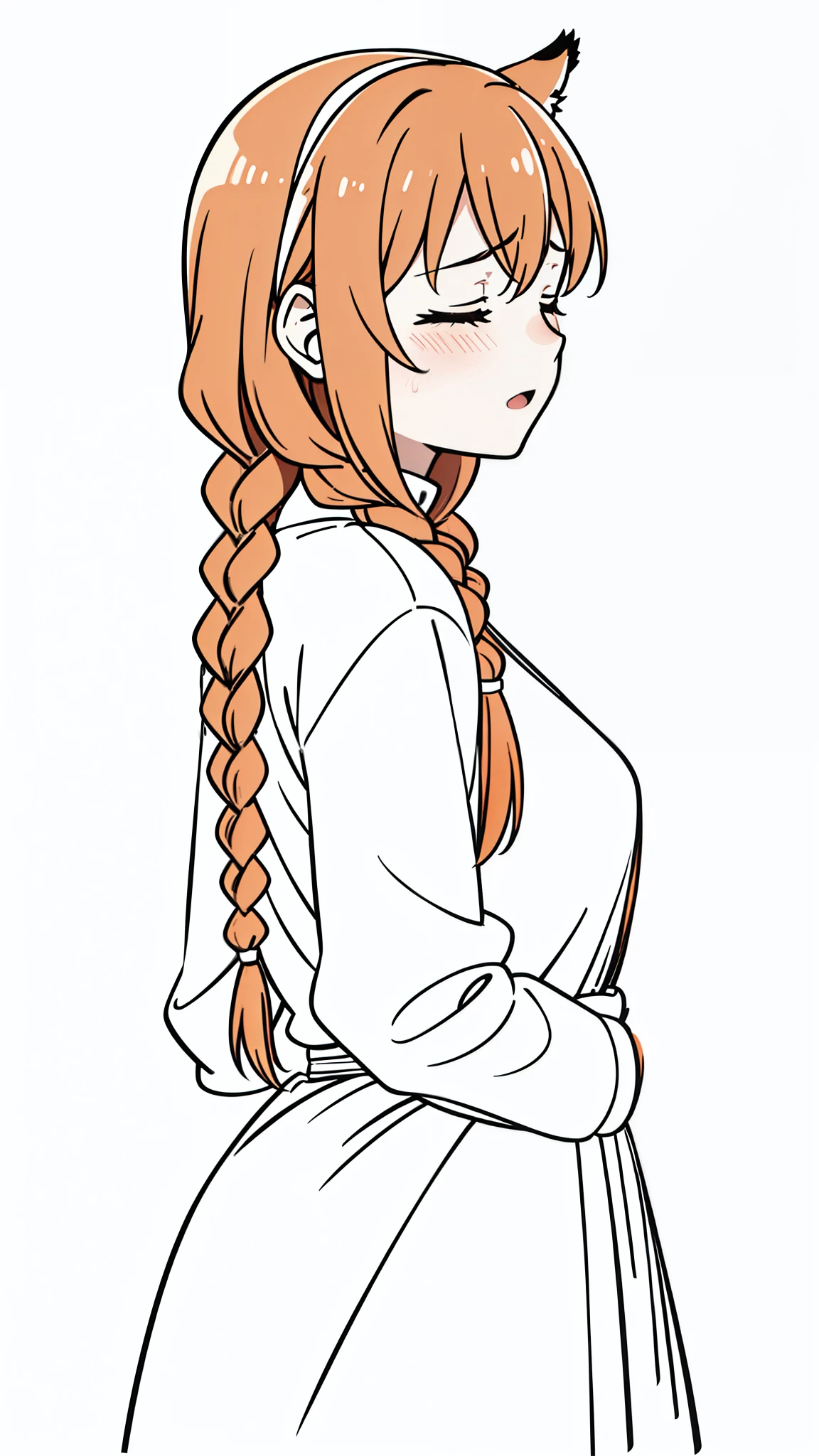 (1girl,20 years old,mature female,solo),tiger ears,long hair,(twin braids),orange hair,(white background,line drawing),upper body,((blush,closed eyes)),open mouth,((from back,looking away))